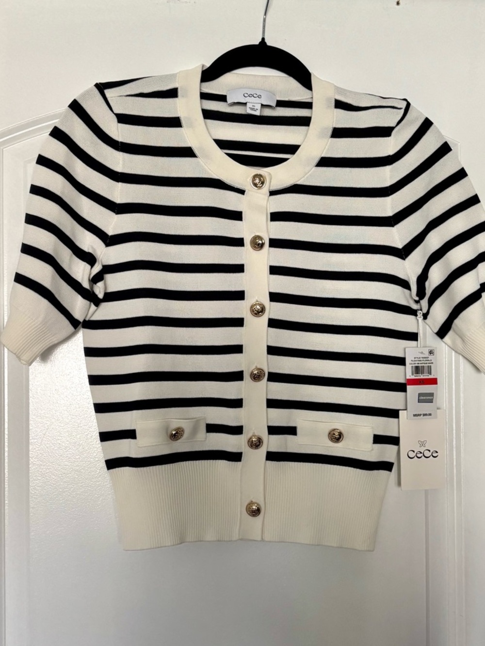 CeCe Black & Cream Striped Short-Sleeve Cardigan with Gold Buttons